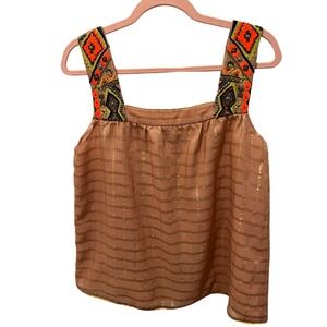 Embroidered Strap Tank‎ Top Gold Plaid Sleeveless Blouse Casual Chic